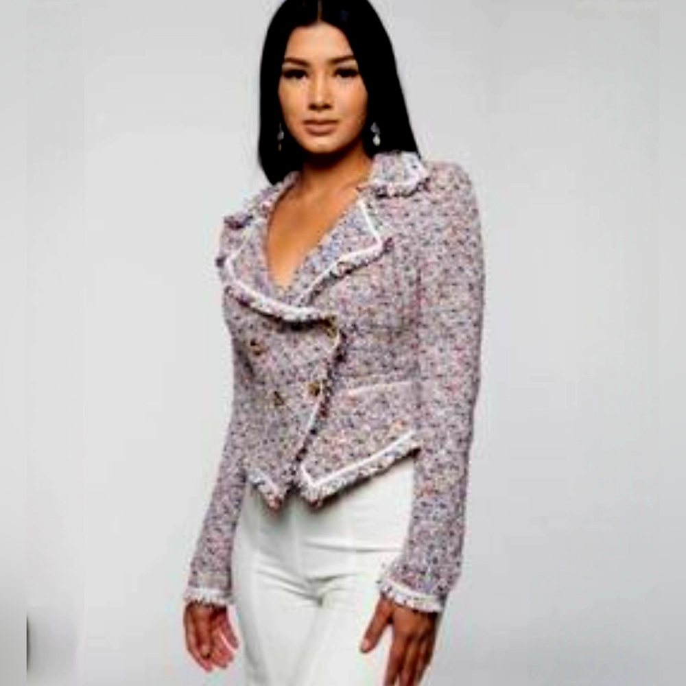 Fashion Nova Sick Of Love Multicolor Tweed Jacket Academia Barbiecore Sz S